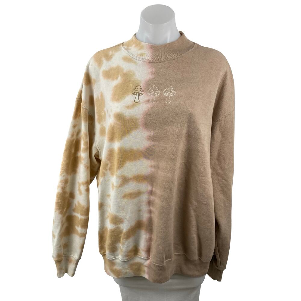 Neon Riot Women Beige Fleece Tie Dye Mock Neck Long Sleeve Sweatshirt Top Size L